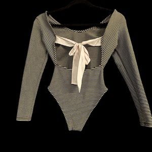 Topshop Black & White Striped Long-Sleeve Bodysuit with Bow